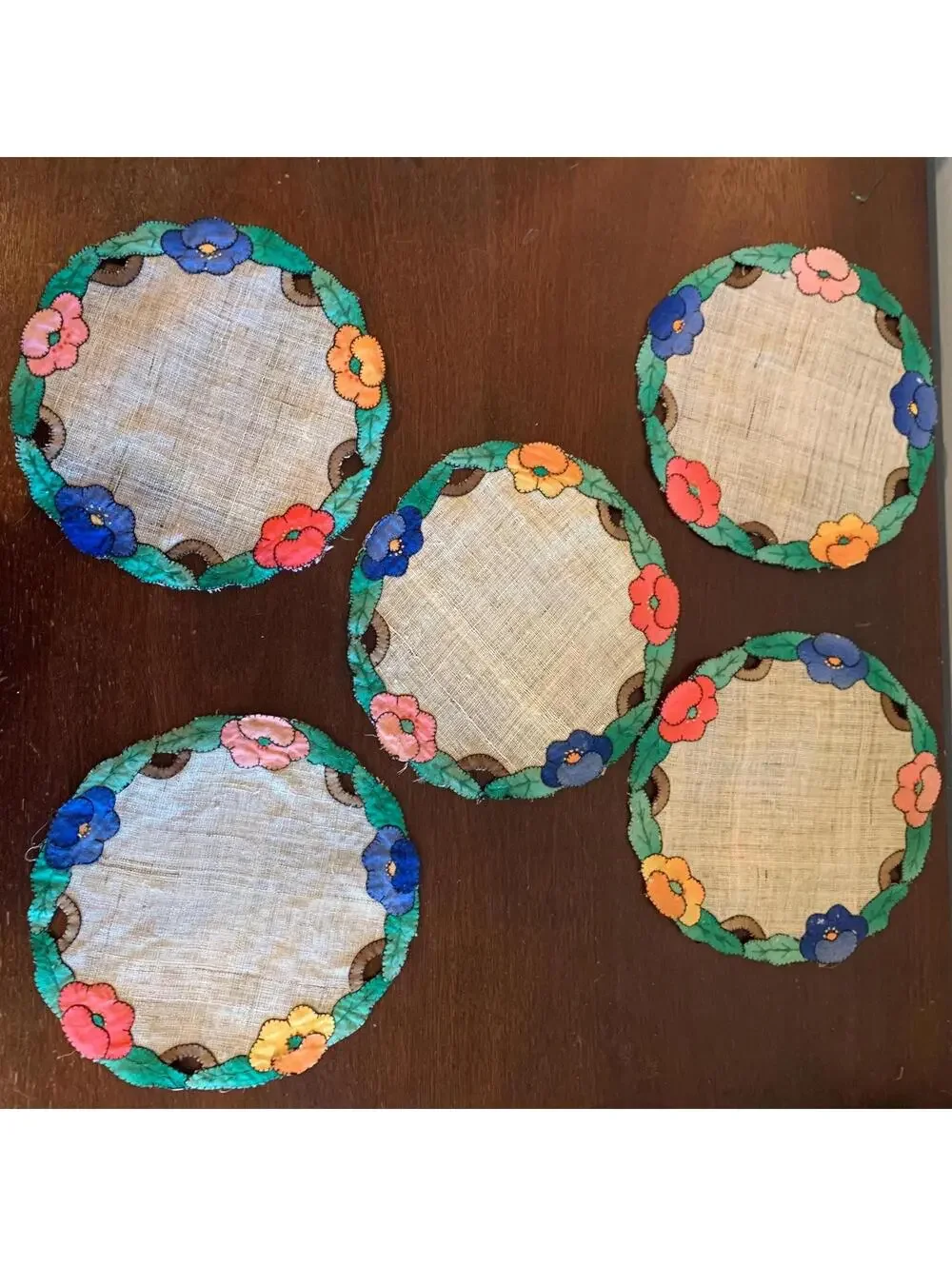 Vintage Cutwork Floral Appliquéd and Embroidered Linen Doilies - Set of 5